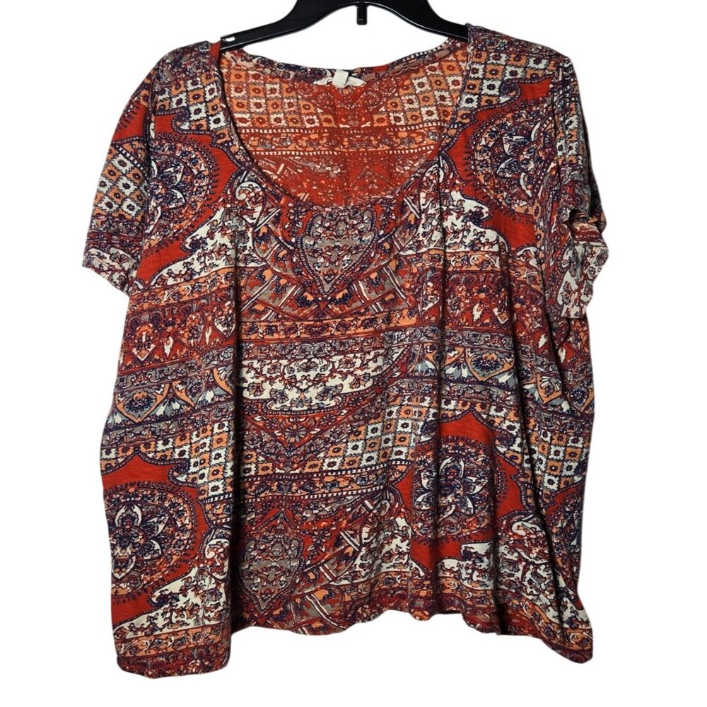 Lucky Brand Womens Multicolor Short Sleeve Top Plus Size 1X Boho Casual Colorful